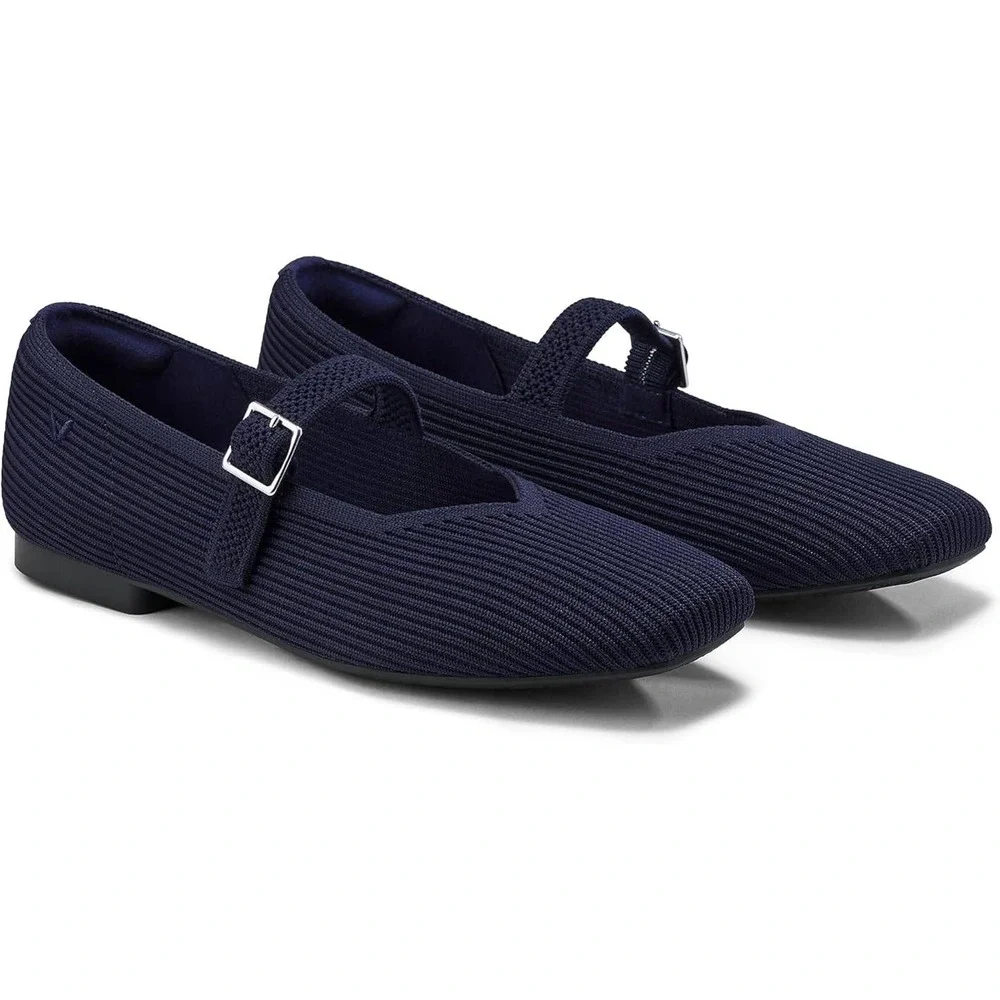 Vivaia Margot Mary Jane Flats Navy Blue Ribbed Knit Square Toe Sustainable 39.5 - Picture 2 of 13
